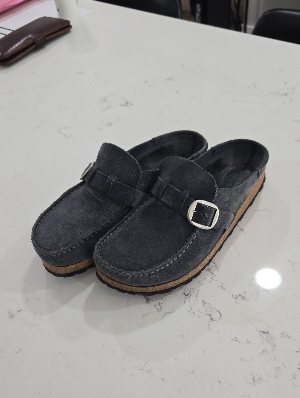 Birkenstock Suede Slip-On Clog with Buckle - Blue Gray